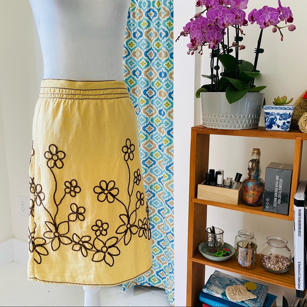 Max Studio Yellow A-Line Skirt with Brown Floral Embroidery